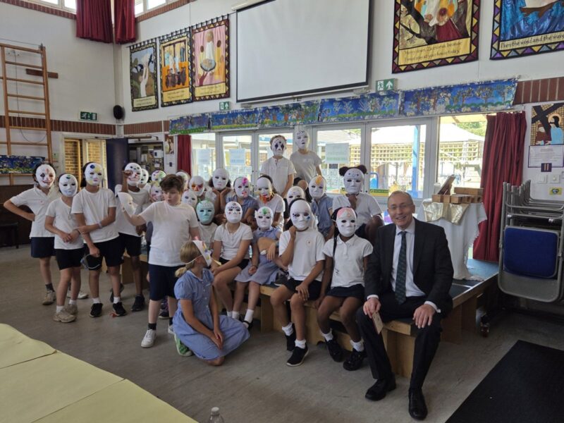 With masked pupils at Good Shepherd Primary. 